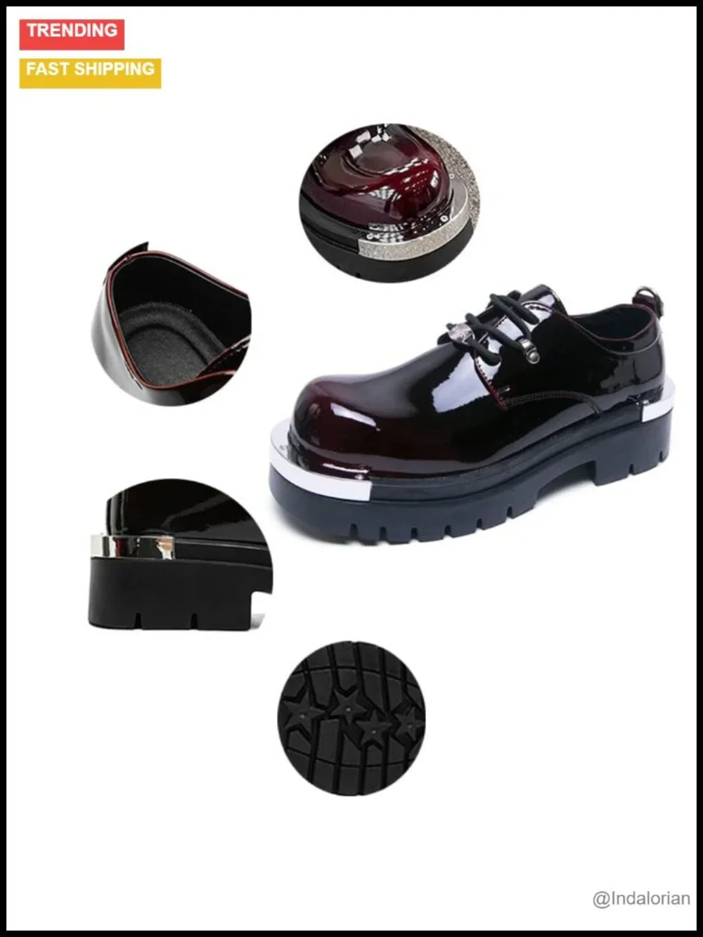 Men's Patent Leather Gradient Metal-Plate Platform Oxfords Non Slip Lug Sole